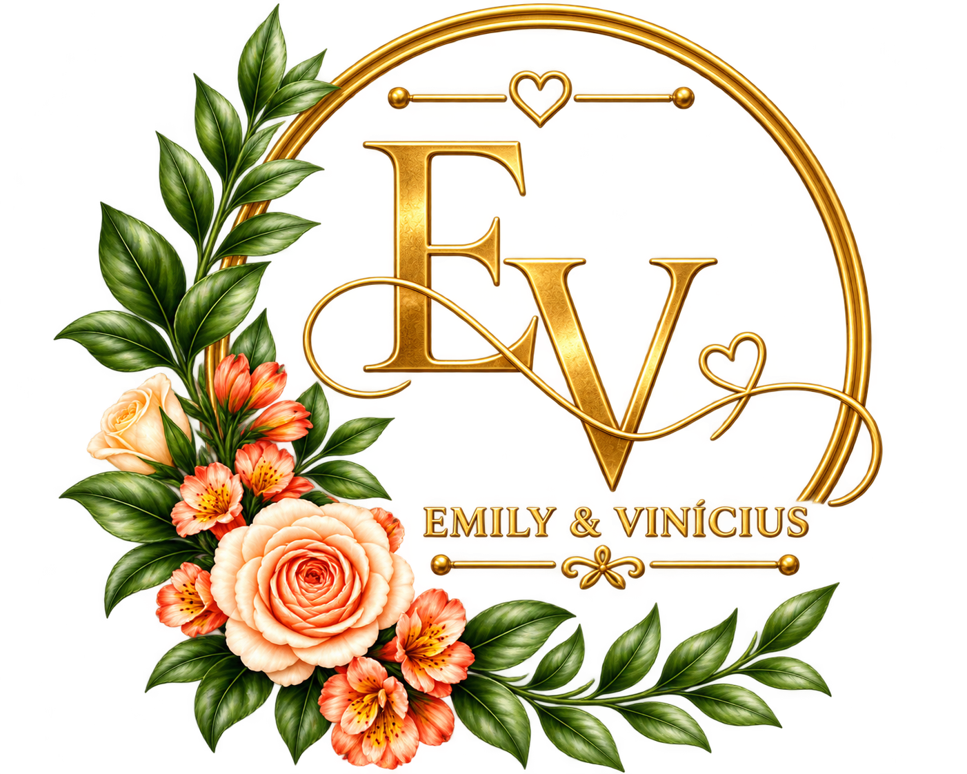 Logo floral dourado de Emily e Vinícius